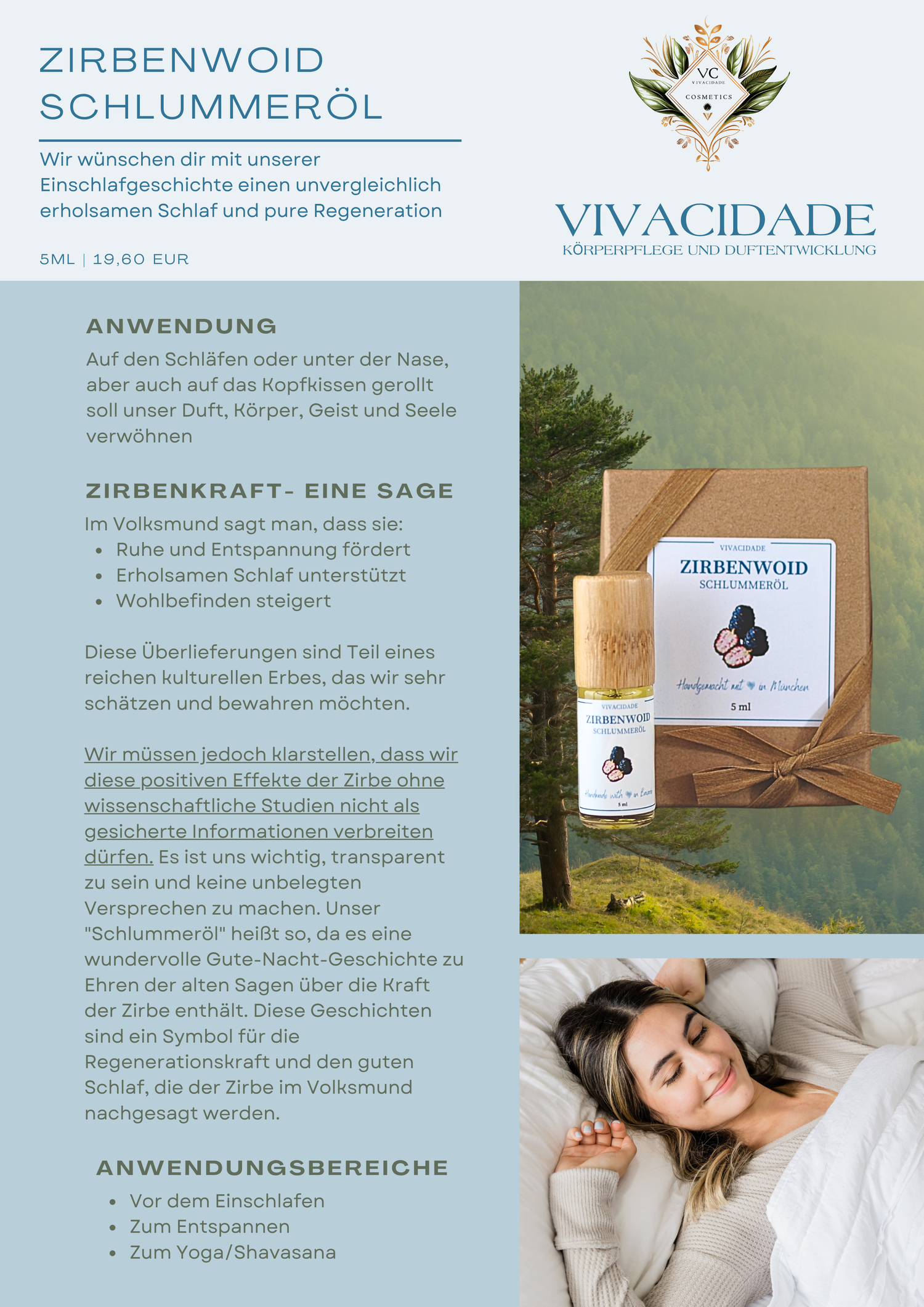 Flyer, Infoblatt, Zirben-Ölroller, Geschenkidee, Mandelöl und Zirbe, Beruhigender Duft, Angenehm für viele zum herunterkommen und schlafen