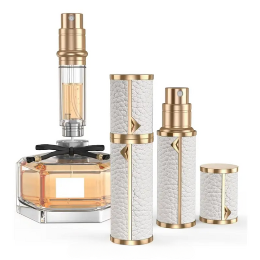 Urlaubs Parfum-Zerstäuber to go, Mini Parfüm abfüllen cremefarbenes Lederimitat mit matt goldenem Metalldesign