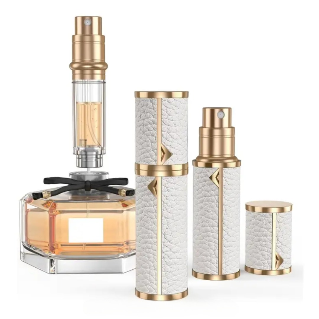 Urlaubs Parfum-Zerstäuber to go, Mini Parfüm abfüllen cremefarbenes Lederimitat mit matt goldenem Metalldesign