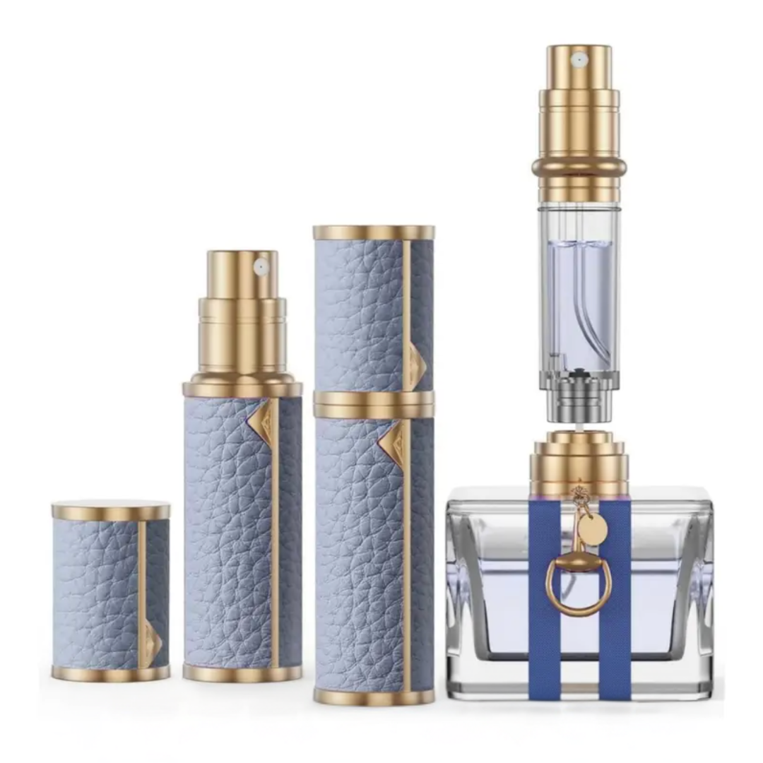 Urlaubs_Parfum-Zerst_uber_to_go_Mini_Parfum abfüllbar Fliederfarbenes Lederimitat mit matt-goldenem Metall-Design